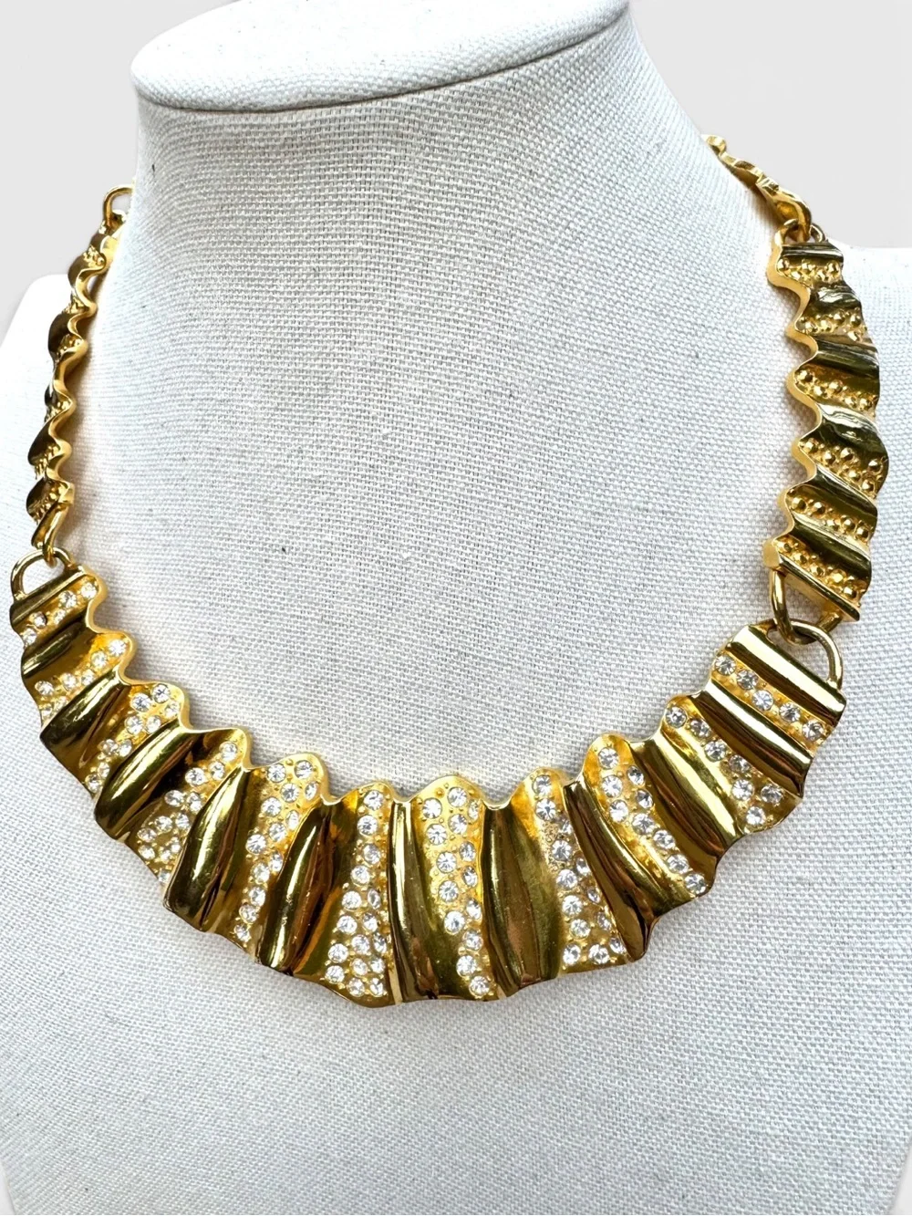 GIVENCHY Vintage Gold-tone Crystal Rhinestone Ripple Texture Statement Necklace